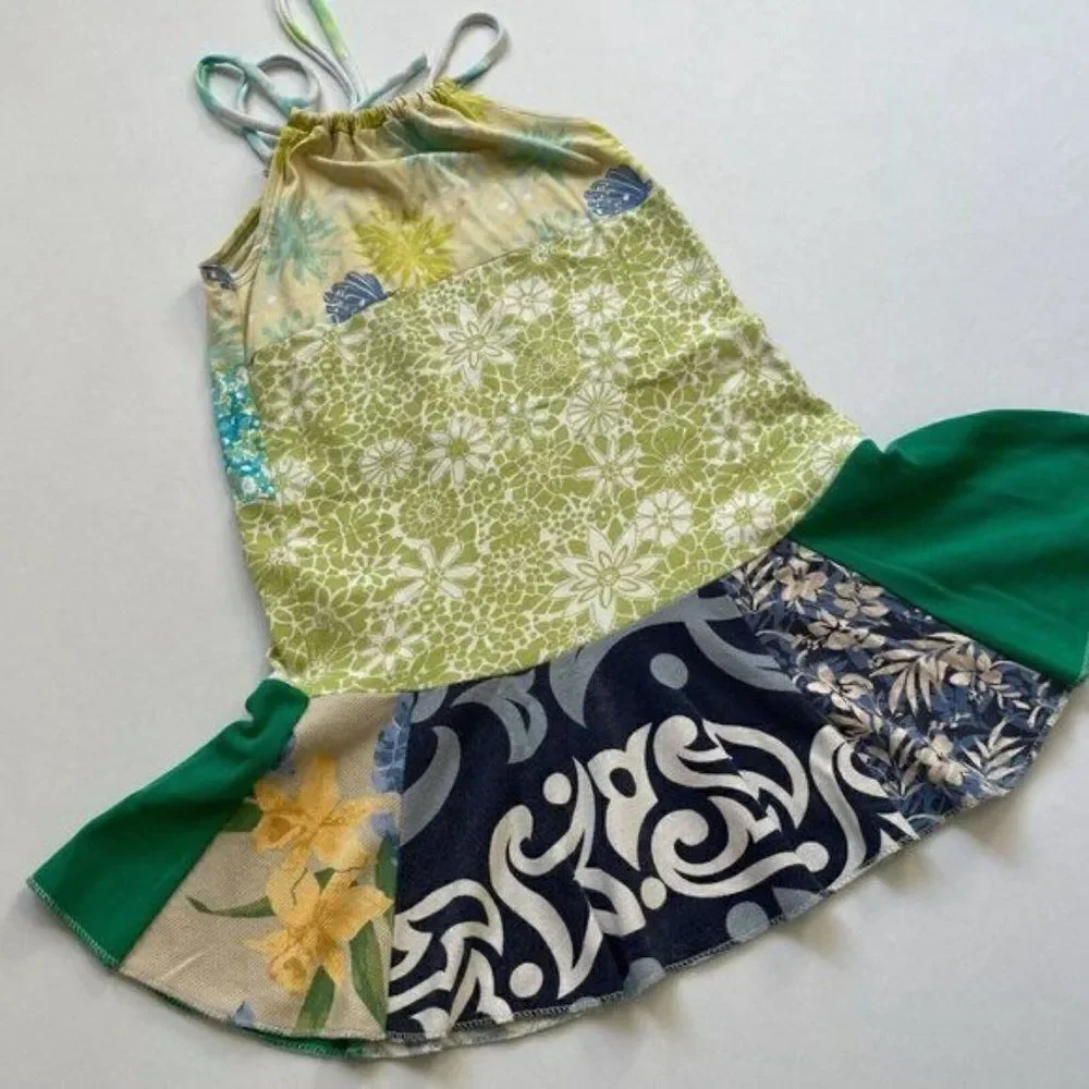 CourtneyCourtney Girls Green Dress 7/8 Sleeveless Halter Twirly Blue Handmade